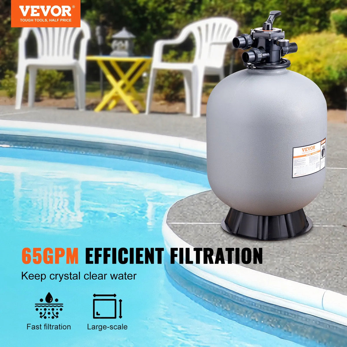 VEVOR Swimming Pool Sand Filter 610 mm, Flow Rate up to 246 l/min, for Above-Ground and In-Ground Pools, with 7-Position Multifunction Valve (Filtration, Backwash, Rinse, Recirculation, Drain, Winter, Closed Mode)