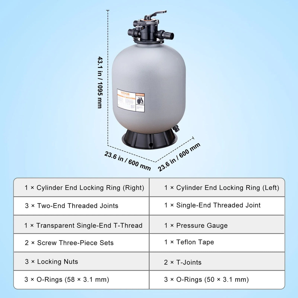 VEVOR Swimming Pool Sand Filter 610 mm, Flow Rate up to 246 l/min, for Above-Ground and In-Ground Pools, with 7-Position Multifunction Valve (Filtration, Backwash, Rinse, Recirculation, Drain, Winter, Closed Mode)