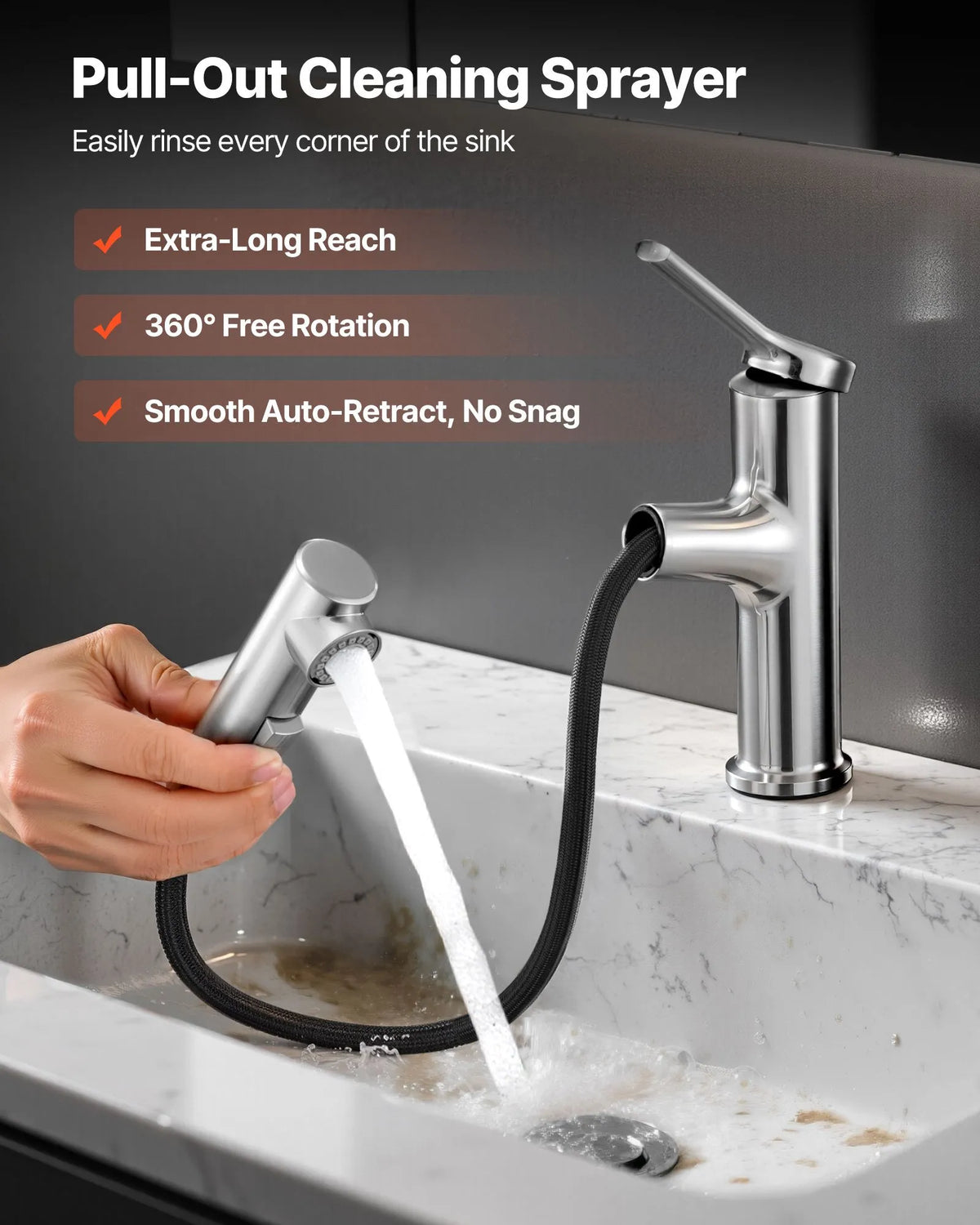 VEVOR Kitchen Mixer Tap with Pull-Out Spout and Button Switch, Single Handle, Brushed Nickel
