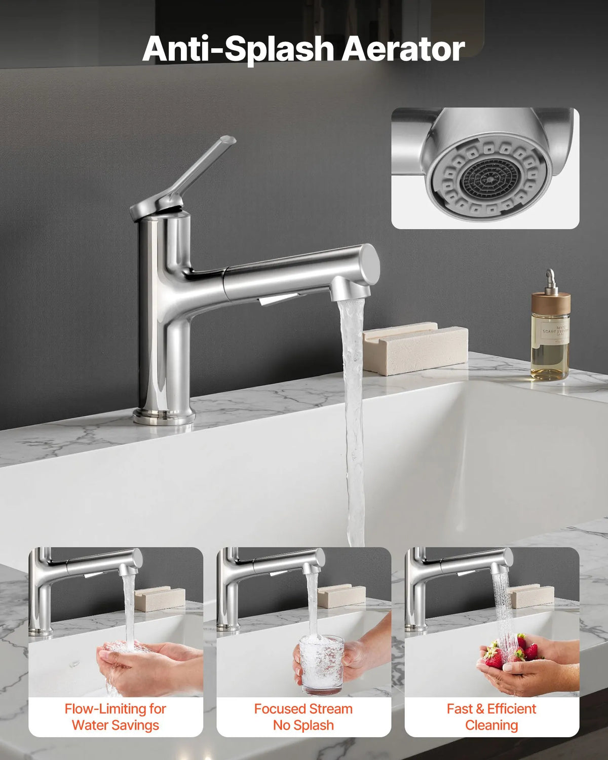 VEVOR Kitchen Mixer Tap with Pull-Out Spout and Button Switch, Single Handle, Brushed Nickel