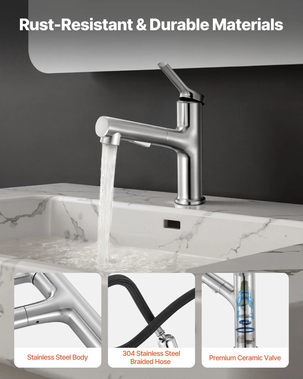 VEVOR Kitchen Mixer Tap with Pull-Out Spout and Button Switch, Single Handle, Brushed Nickel