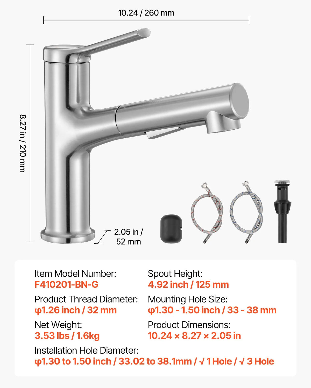 VEVOR Kitchen Mixer Tap with Pull-Out Spout and Button Switch, Single Handle, Brushed Nickel