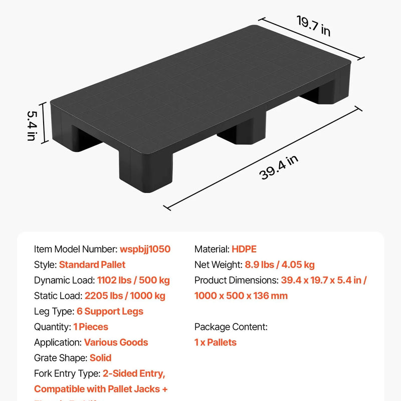 VEVOR plastmasas palete 1000 kg, 1000 × 500 × 136 mm, melna, mitrumizturīga uzglabāšanas platforma noliktavām un pagrabiem
