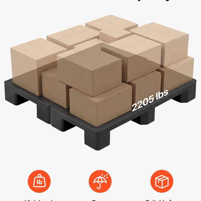 VEVOR plastmasas paletes 2 gab., 1000 × 500 × 136 mm, 1000 kg, melnas, mitrumizturīgas uzglabāšanas platformas noliktavām, pagrabiem un veikaliem