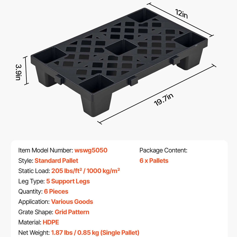 VEVOR plastmasas paletes 6 gab., 500 × 305 × 100 mm, melnas, saliekamas un mitrumizturīgas uzglabāšanas platformas noliktavām, pagrabiem un veikaliem