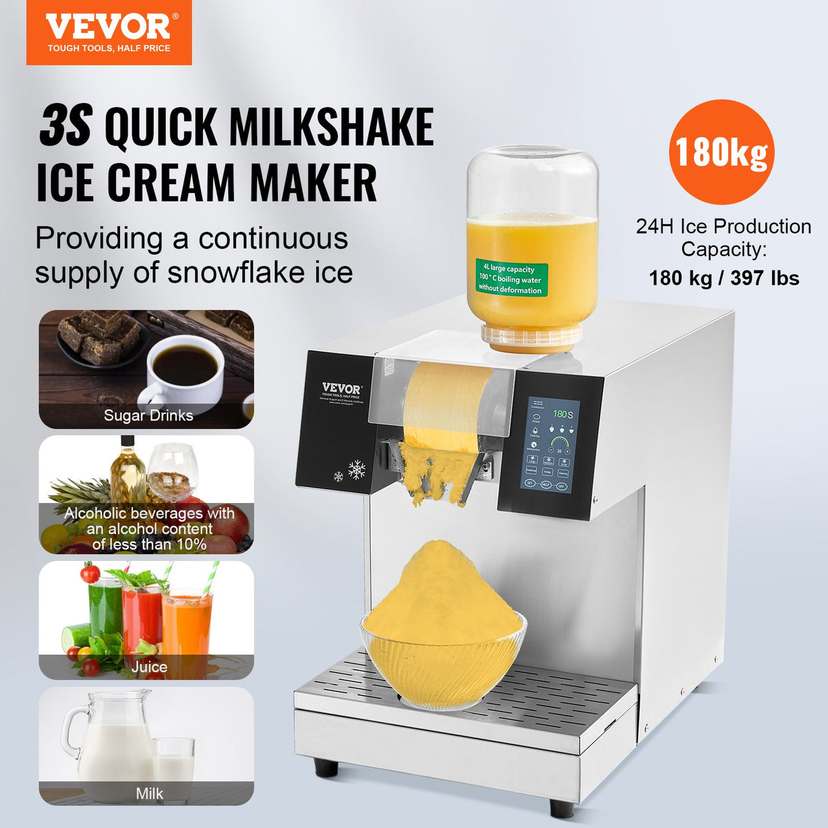 VEVOR Professional Snow Ice Shaver Machine 180 kg/24 h, Stainless Steel