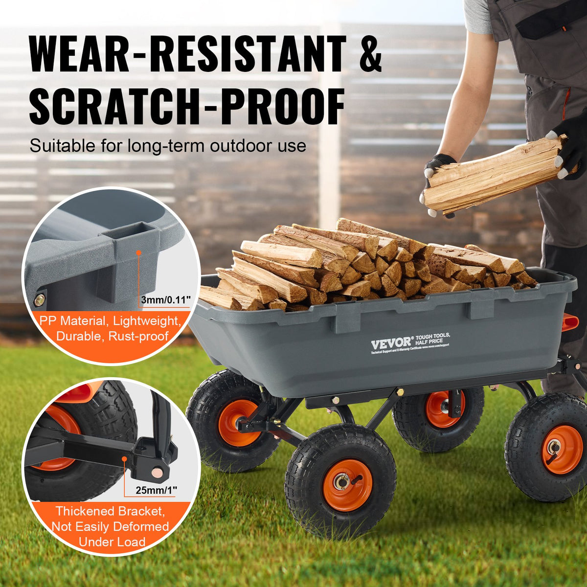 VEVOR Polypropylene Garden Dump Cart with 363.6 kg Load Capacity, Durable Garden and Farm Transport Cart with 25.4 cm Rubber Wheels, Designed for Garden, Farm and Yard Work