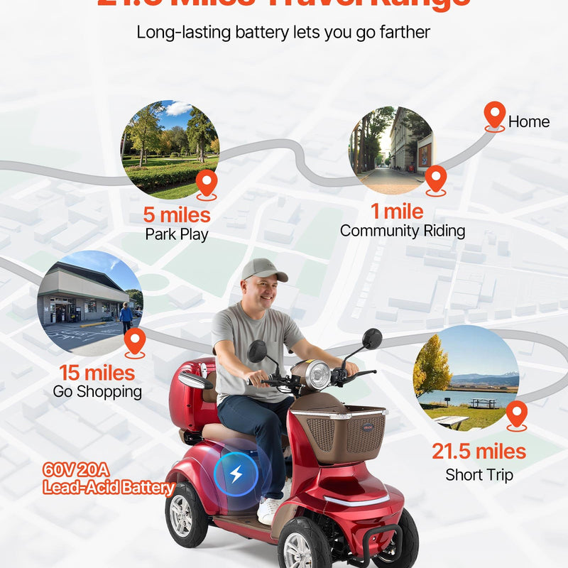 VEVOR smagās klases 4 riteņu mobilitātes skrejritenis senioriem un pieaugušajiem, celtspēja līdz 227 kg, darbības rādiuss līdz 35 km, 3 ātrumu režīmi, 1000 W visurgājējs elektriskais mobilitātes skrejritenis/ratiņkrēsls ar līdz 20° kāpuma spēju