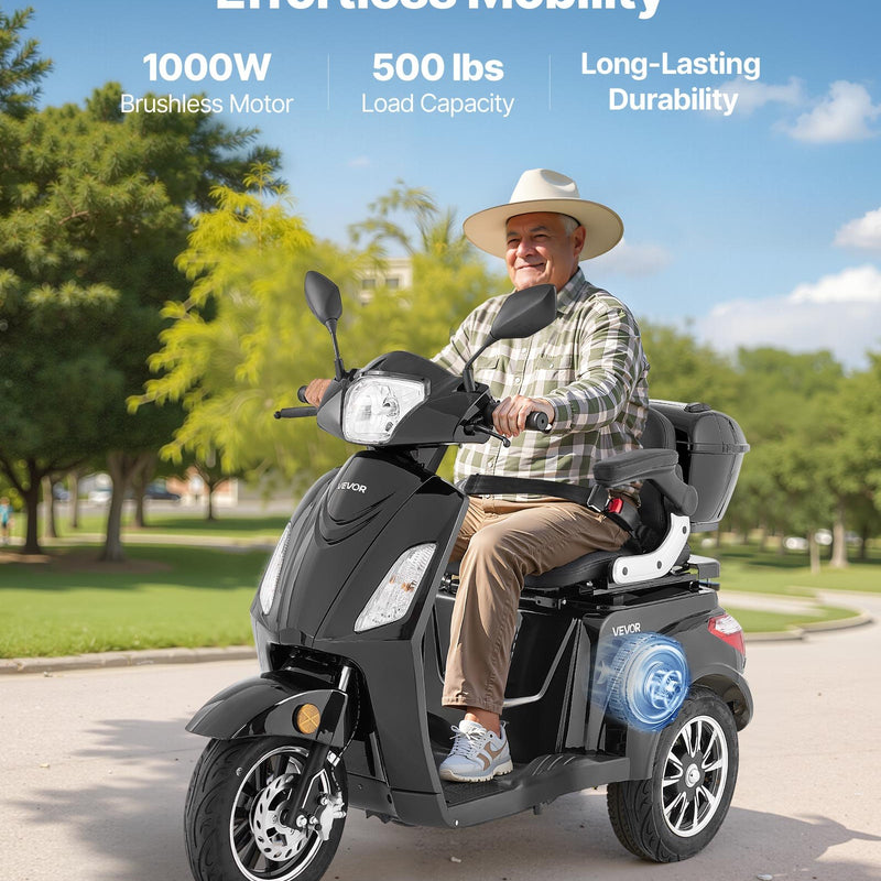VEVOR smagas klases 3 riteņu elektriskais mobilitātes skrejritenis senioriem un pieaugušajiem, 3 ātrumi, darbības attālums līdz 35 km, 1000 W jauda, piemērots dažādiem segumiem, kāpuma pārvarēšana līdz 20°, slodze līdz 227 kg - ZEMLETES.LV