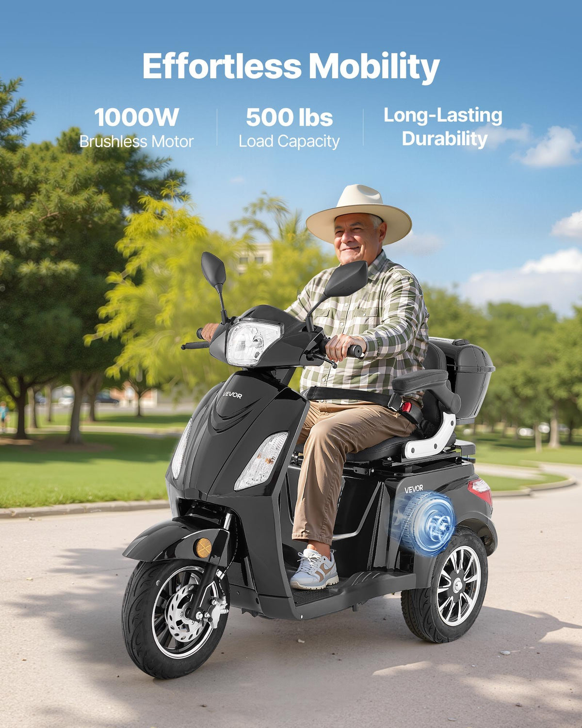 VEVOR smagas klases 3 riteņu elektriskais mobilitātes skrejritenis senioriem un pieaugušajiem, 3 ātrumi, darbības attālums līdz 35 km, 1000 W jauda, piemērots dažādiem segumiem, kāpuma pārvarēšana līdz 20°, slodze līdz 227 kg - ZEMLETES.LV