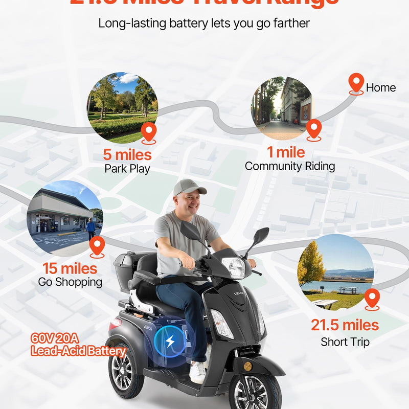 VEVOR smagas klases 3 riteņu elektriskais mobilitātes skrejritenis senioriem un pieaugušajiem, 3 ātrumi, darbības attālums līdz 35 km, 1000 W jauda, piemērots dažādiem segumiem, kāpuma pārvarēšana līdz 20°, slodze līdz 227 kg - ZEMLETES.LV