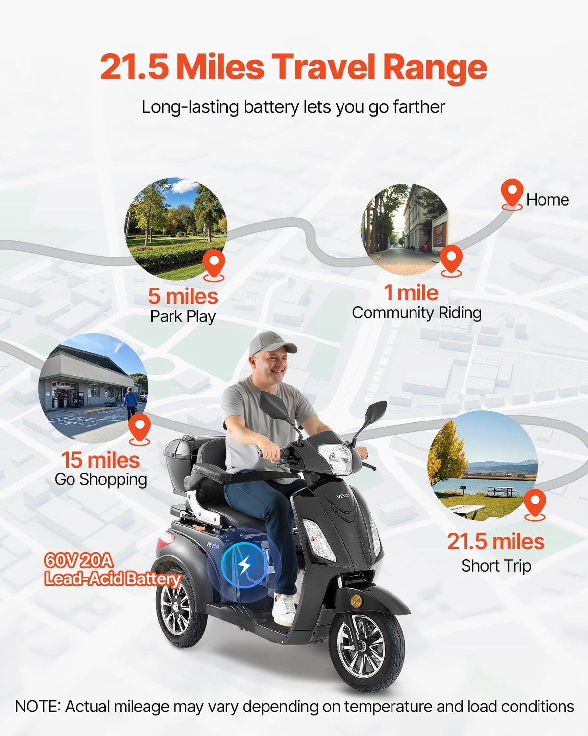 VEVOR smagas klases 3 riteņu elektriskais mobilitātes skrejritenis senioriem un pieaugušajiem, 3 ātrumi, darbības attālums līdz 35 km, 1000 W jauda, piemērots dažādiem segumiem, kāpuma pārvarēšana līdz 20°, slodze līdz 227 kg - ZEMLETES.LV