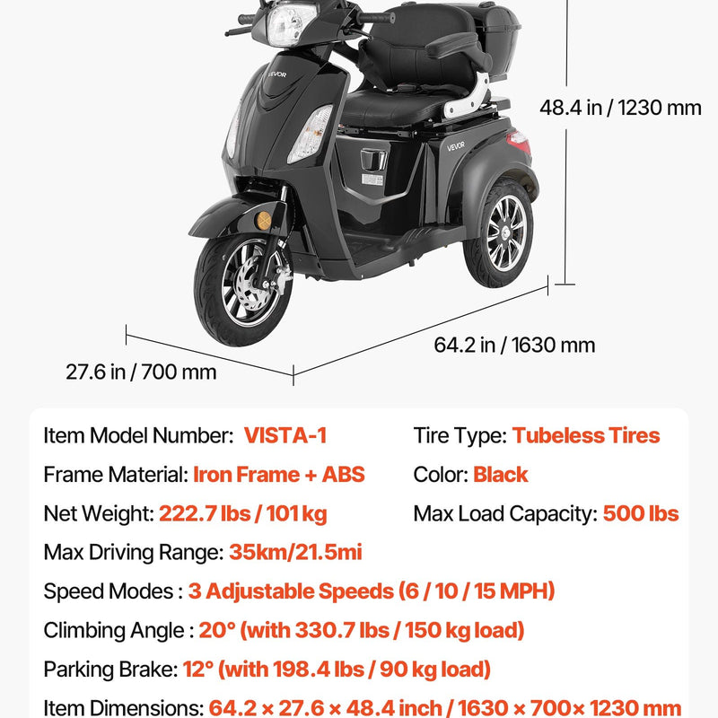 VEVOR smagas klases 3 riteņu elektriskais mobilitātes skrejritenis senioriem un pieaugušajiem, 3 ātrumi, darbības attālums līdz 35 km, 1000 W jauda, piemērots dažādiem segumiem, kāpuma pārvarēšana līdz 20°, slodze līdz 227 kg - ZEMLETES.LV