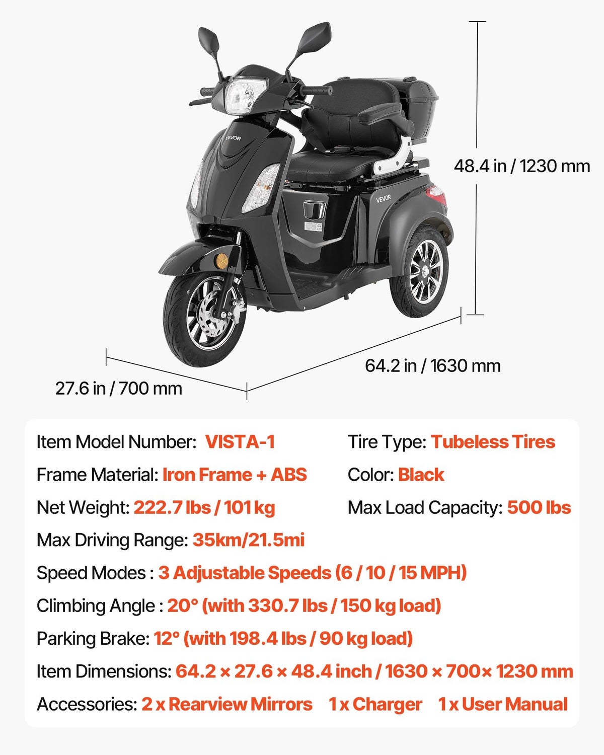 VEVOR smagas klases 3 riteņu elektriskais mobilitātes skrejritenis senioriem un pieaugušajiem, 3 ātrumi, darbības attālums līdz 35 km, 1000 W jauda, piemērots dažādiem segumiem, kāpuma pārvarēšana līdz 20°, slodze līdz 227 kg - ZEMLETES.LV