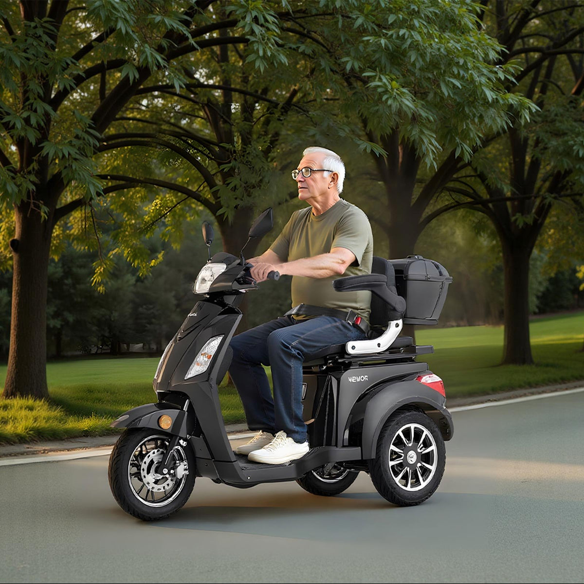VEVOR smagas klases 3 riteņu elektriskais mobilitātes skrejritenis senioriem un pieaugušajiem, 3 ātrumi, darbības attālums līdz 35 km, 1000 W jauda, piemērots dažādiem segumiem, kāpuma pārvarēšana līdz 20°, slodze līdz 227 kg - ZEMLETES.LV