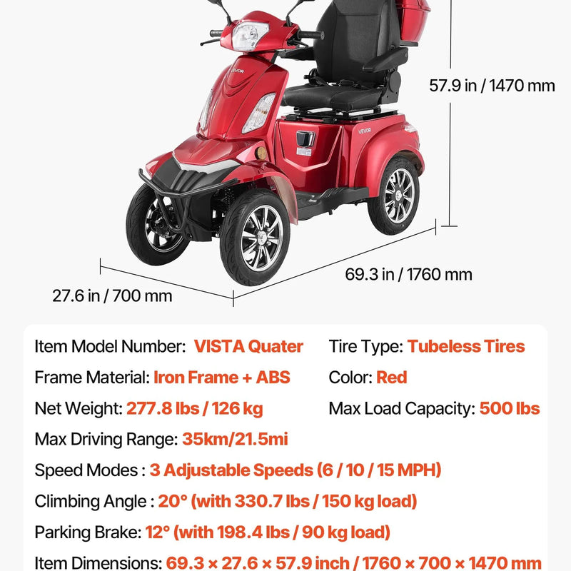 VEVOR smagās klases 4 riteņu mobilitātes skrejritenis senioriem un pieaugušajiem, kravnesība līdz 226,8 kg, nobraukums līdz 35 km, 3 ātrumu režīmi, 1000 W visurgājējs elektriskais mobilitātes skrejritenis/ratiņkrēsls ar kāpuma spēju līdz 20°