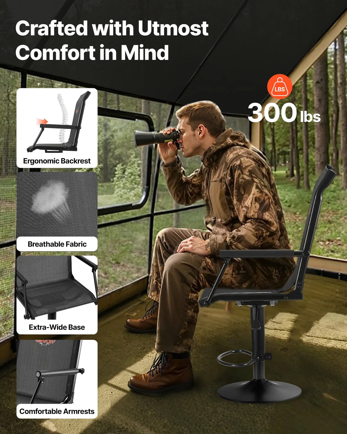 VEVOR Hunting Chair, 360° Silent Swivel, Lightweight Folding Chair with Padded Armrests, Adjustable Height, Durable Steel Frame, 136 kg Load Capacity, Suitable for Fishing and Camping