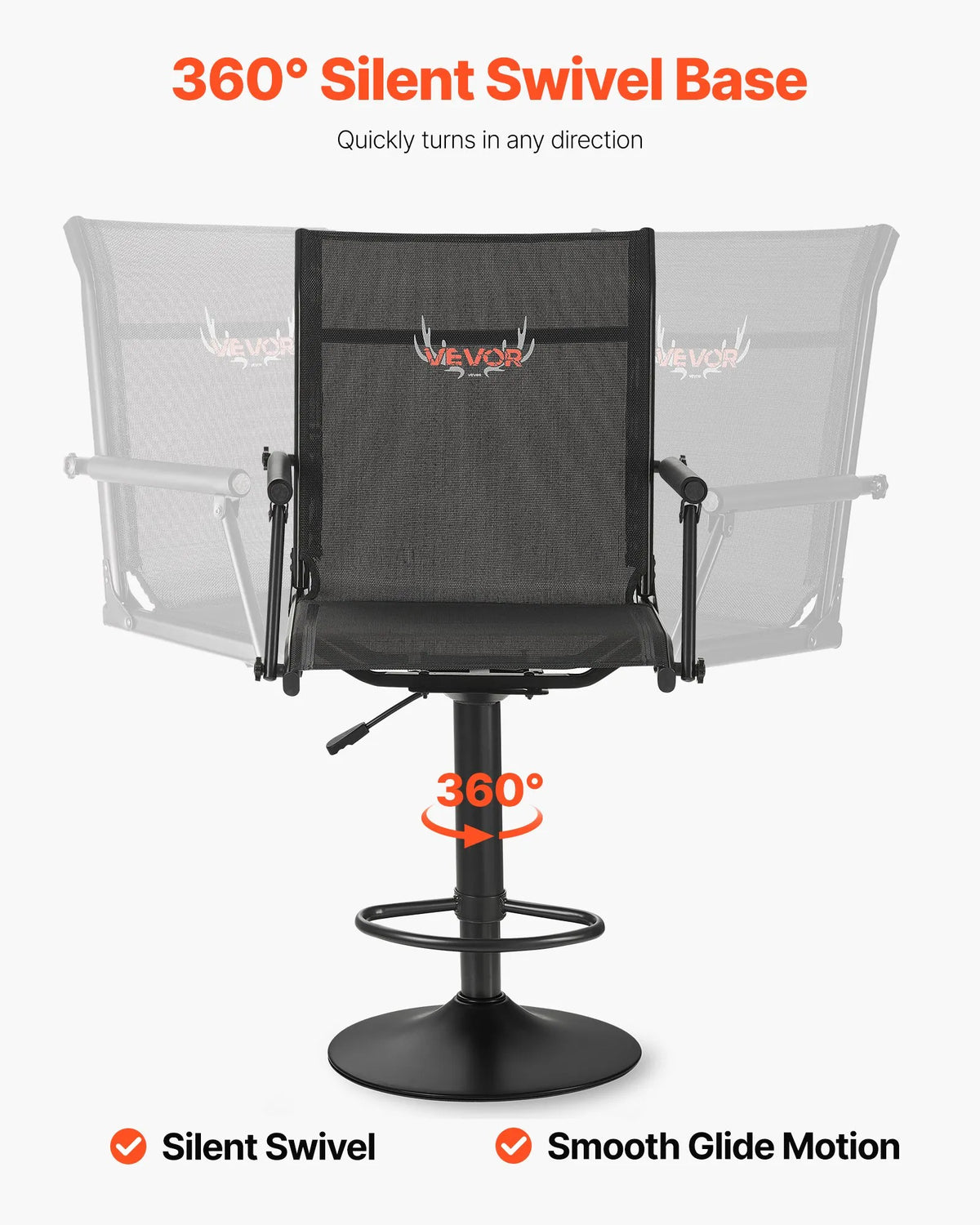 VEVOR Hunting Chair, 360° Silent Swivel, Lightweight Folding Chair with Padded Armrests, Adjustable Height, Durable Steel Frame, 136 kg Load Capacity, Suitable for Fishing and Camping