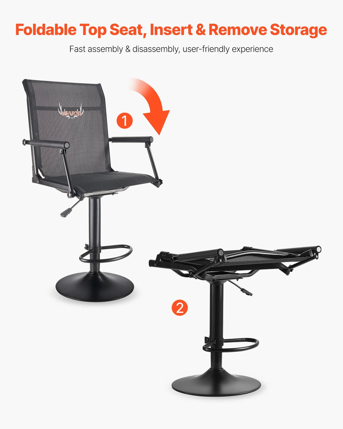VEVOR Hunting Chair, 360° Silent Swivel, Lightweight Folding Chair with Padded Armrests, Adjustable Height, Durable Steel Frame, 136 kg Load Capacity, Suitable for Fishing and Camping