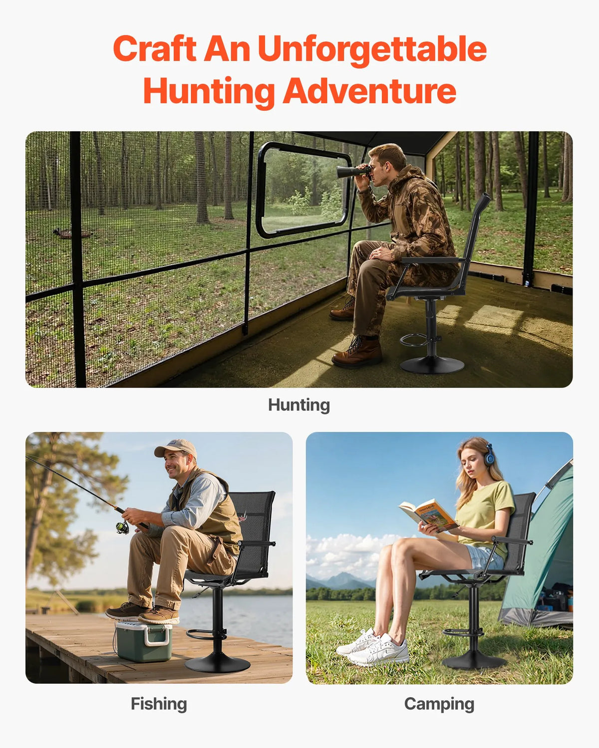 VEVOR Hunting Chair, 360° Silent Swivel, Lightweight Folding Chair with Padded Armrests, Adjustable Height, Durable Steel Frame, 136 kg Load Capacity, Suitable for Fishing and Camping