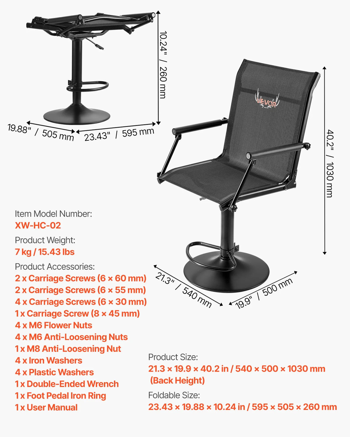 VEVOR Hunting Chair, 360° Silent Swivel, Lightweight Folding Chair with Padded Armrests, Adjustable Height, Durable Steel Frame, 136 kg Load Capacity, Suitable for Fishing and Camping