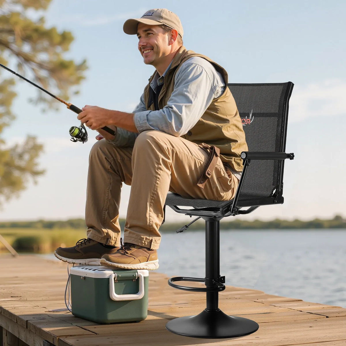 VEVOR Hunting Chair, 360° Silent Swivel, Lightweight Folding Chair with Padded Armrests, Adjustable Height, Durable Steel Frame, 136 kg Load Capacity, Suitable for Fishing and Camping
