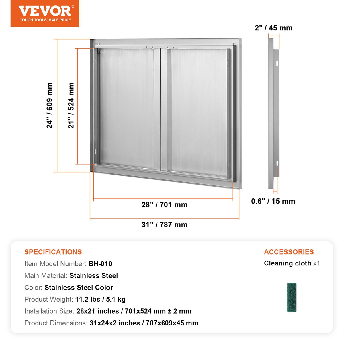 VEVOR Stainless Steel Double Door Grill for Outdoor Kitchen, 78.7×60.9 cm, Built-in, Vertical, with Handles