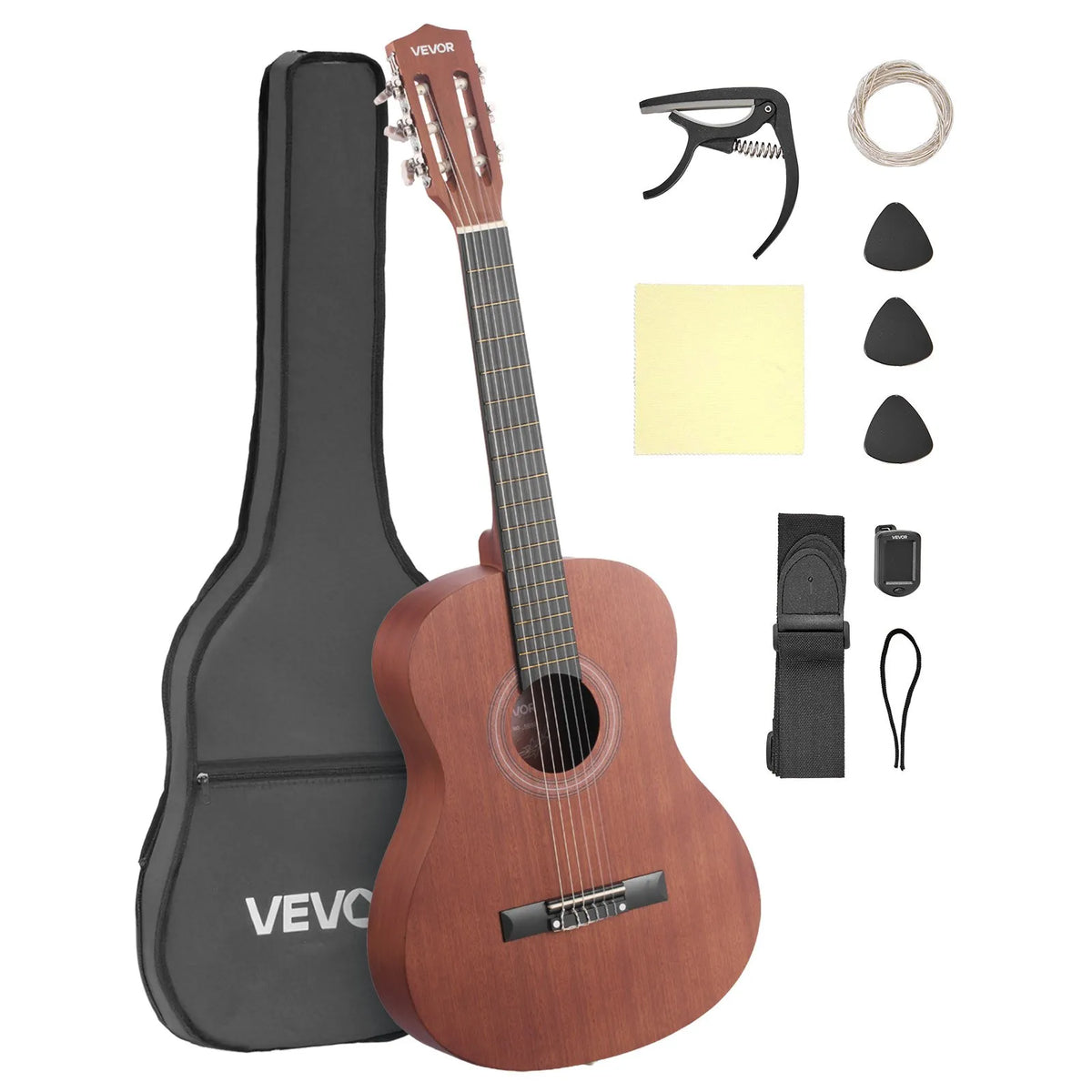 VEVOR Classical Guitar 900 mm with Nylon Strings, Sapele and Rosewood, Beginner Kit with Bag, Strap and Tuner, Natural