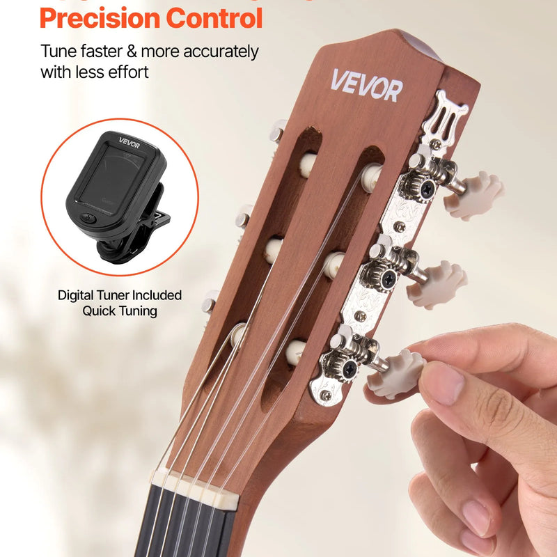 VEVOR klasiskā ģitāra 900 mm ar neilona stīgām un iesācēju piederumu komplektu (soma, siksna, skaņotājs, stīgas, plektri, kapo), sapeles un rožkoka konstrukcija, bērniem, dabīga krāsa