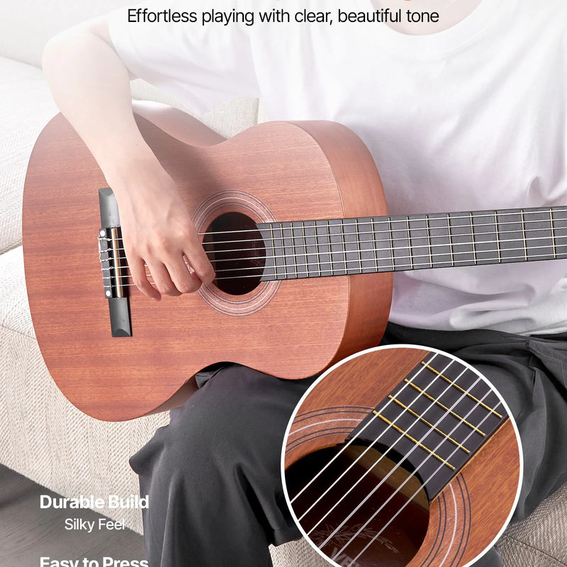 VEVOR klasiskā ģitāra 900 mm ar neilona stīgām un iesācēju piederumu komplektu (soma, siksna, skaņotājs, stīgas, plektri, kapo), sapeles un rožkoka konstrukcija, bērniem, dabīga krāsa