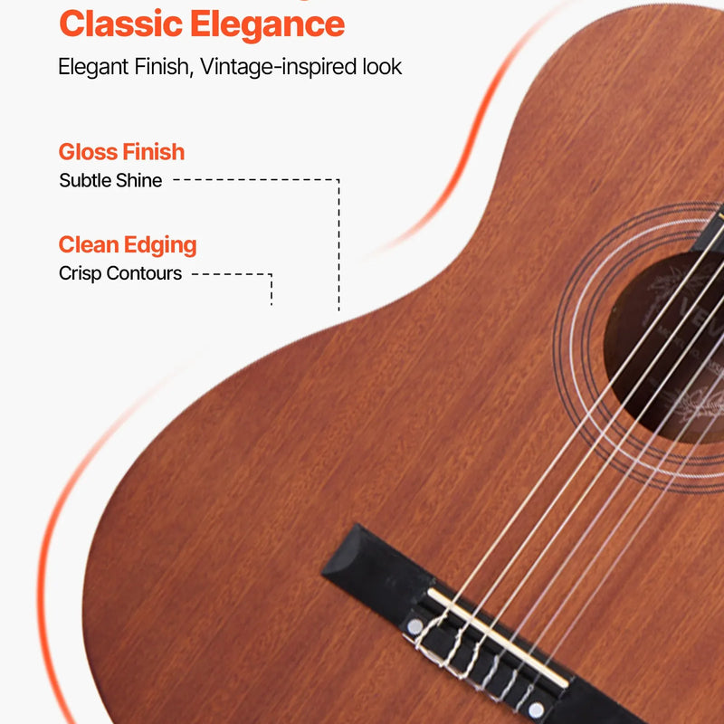 VEVOR klasiskā ģitāra 900 mm ar neilona stīgām un iesācēju piederumu komplektu (soma, siksna, skaņotājs, stīgas, plektri, kapo), sapeles un rožkoka konstrukcija, bērniem, dabīga krāsa