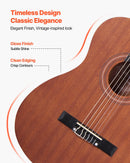 VEVOR klasiskā ģitāra 900 mm ar neilona stīgām un iesācēju piederumu komplektu (soma, siksna, skaņotājs, stīgas, plektri, kapo), sapeles un rožkoka konstrukcija, bērniem, dabīga krāsa