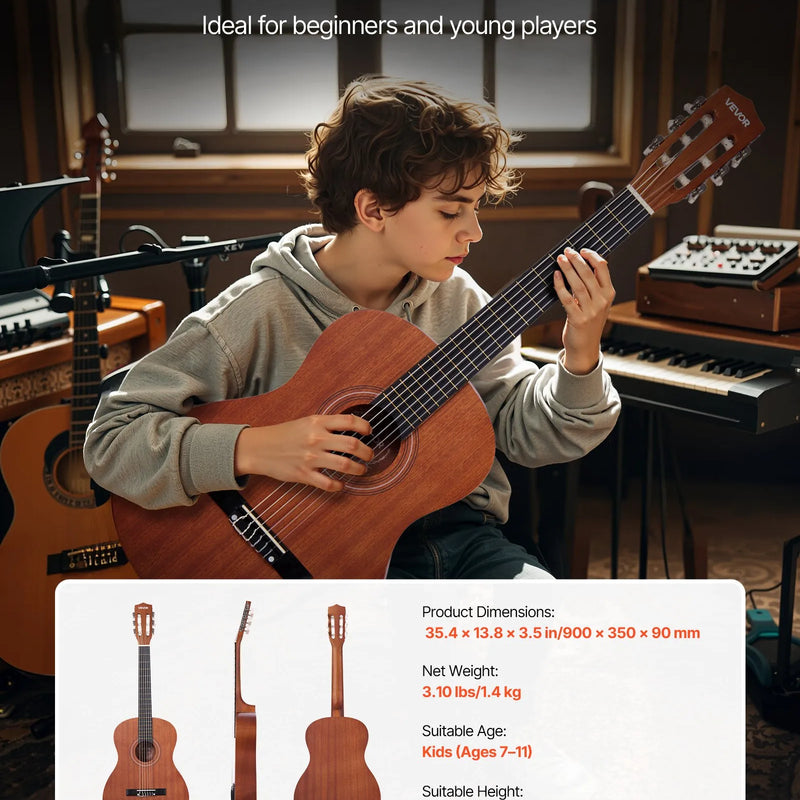 VEVOR klasiskā ģitāra 900 mm ar neilona stīgām un iesācēju piederumu komplektu (soma, siksna, skaņotājs, stīgas, plektri, kapo), sapeles un rožkoka konstrukcija, bērniem, dabīga krāsa