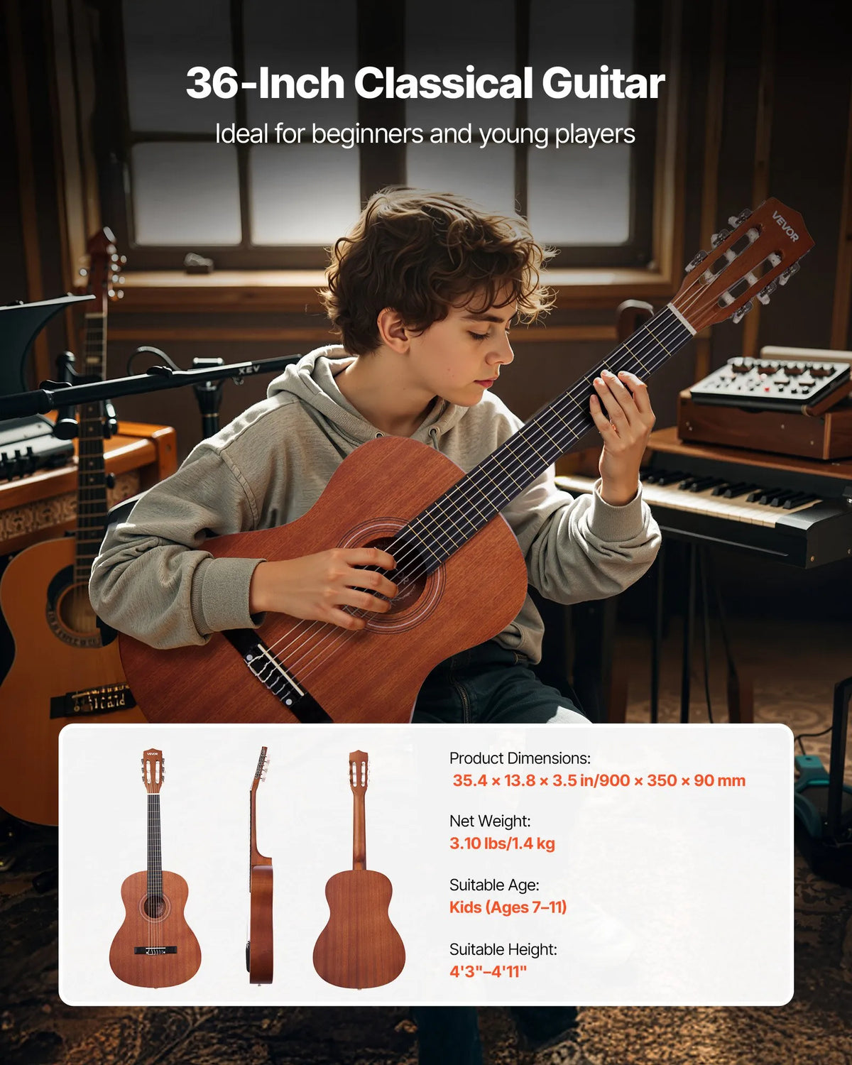 VEVOR Classical Guitar 900 mm with Nylon Strings, Sapele and Rosewood, Beginner Kit with Bag, Strap and Tuner, Natural