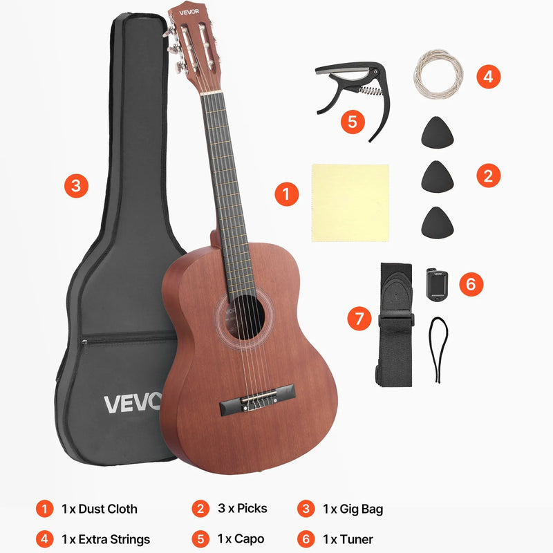 VEVOR klasiskā ģitāra 900 mm ar neilona stīgām un iesācēju piederumu komplektu (soma, siksna, skaņotājs, stīgas, plektri, kapo), sapeles un rožkoka konstrukcija, bērniem, dabīga krāsa