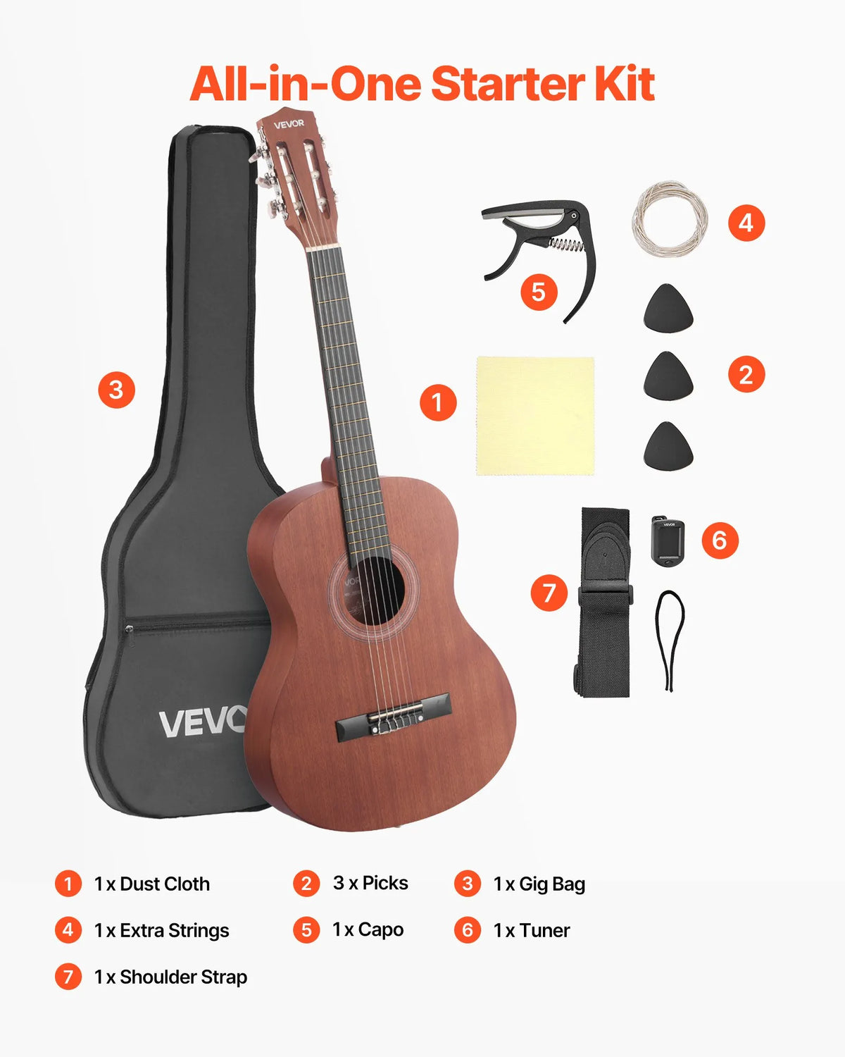 VEVOR Classical Guitar 900 mm with Nylon Strings, Sapele and Rosewood, Beginner Kit with Bag, Strap and Tuner, Natural