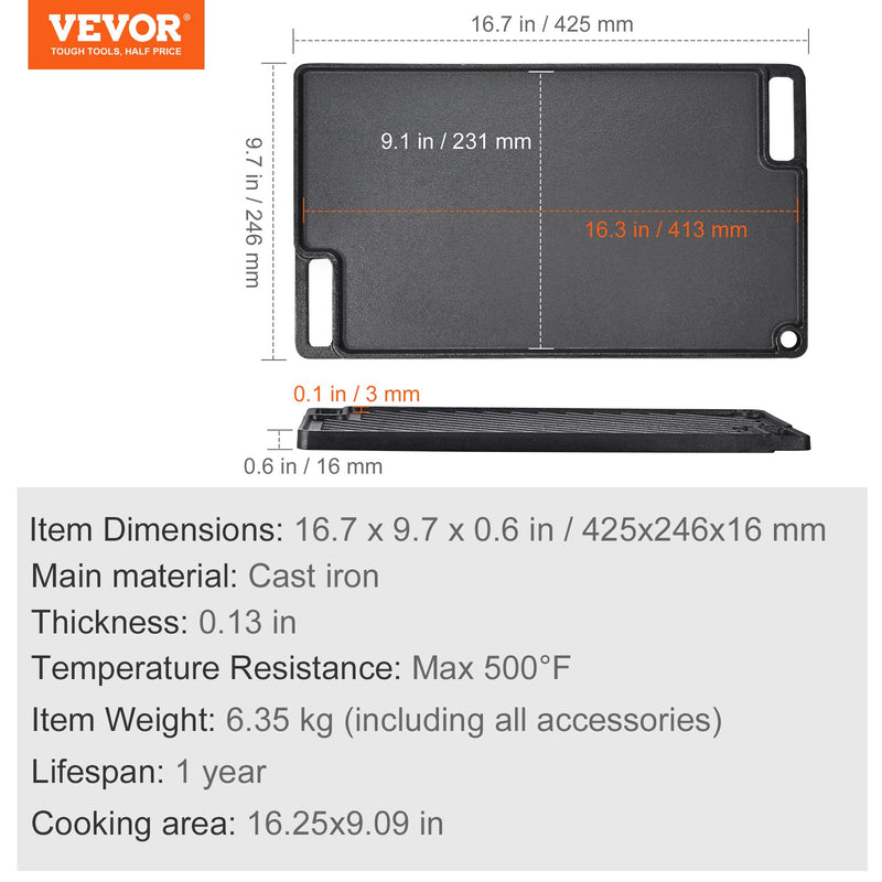 VEVOR Reversā Čuguna Grills/Griddle Panna  24,6 x 42,4 cm, Divu Degļu Izmērs