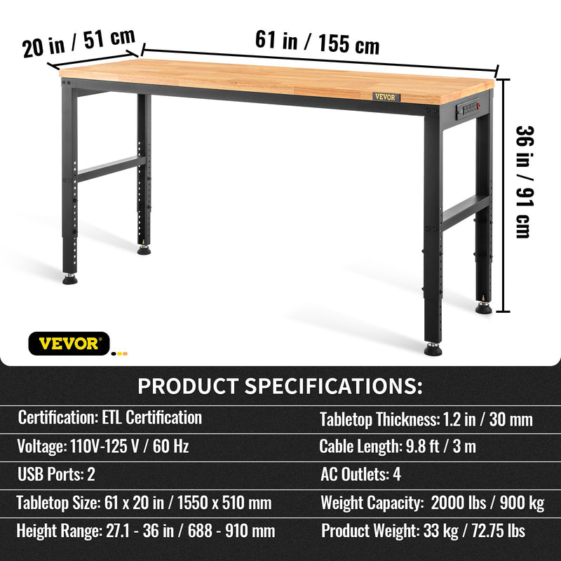 VEVOR augstuma regulējams darbagalds ar rozetēm, 155 x 51 cm
