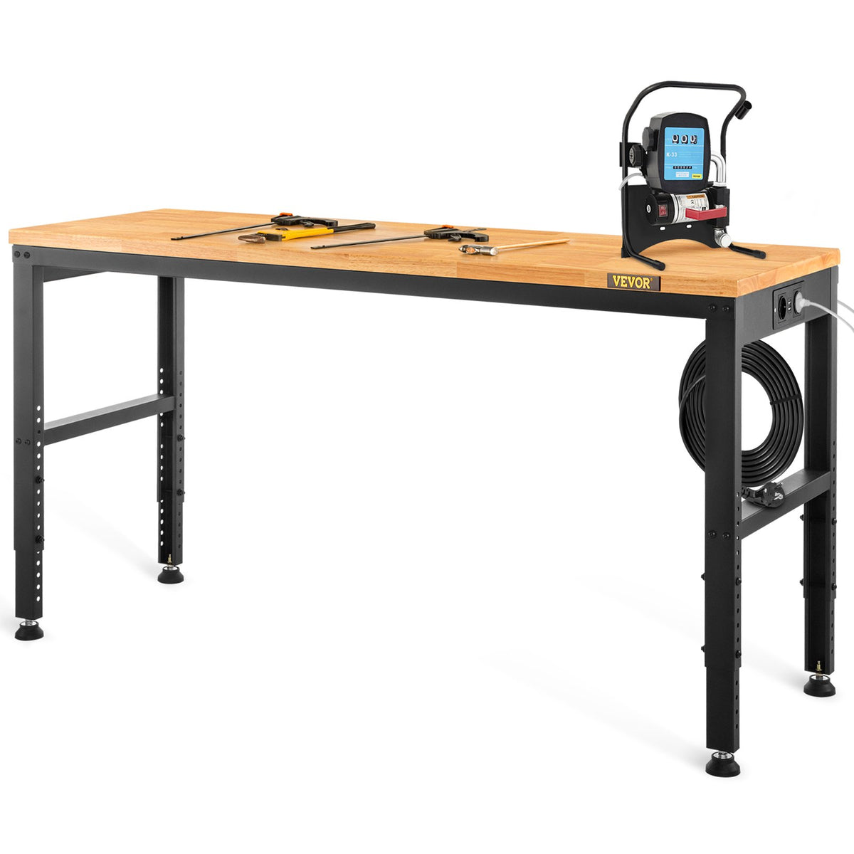 VEVOR Height-Adjustable Work Table, 1830 × 640 mm, Height 720–970 mm, 900 kg Load Capacity, with Power Outlets, Solid Wood Top, Metal Frame and Foot Pads, Suitable for Office, Home and Workshop