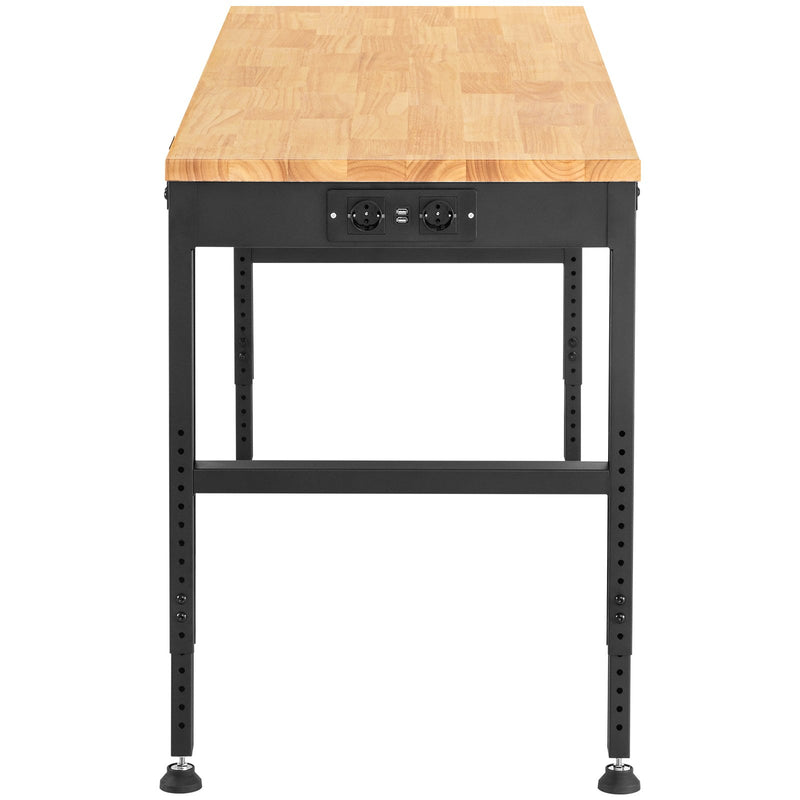 VEVOR augstuma regulējams darba galds, 1830 × 640 mm, augstums 720–970 mm, kravnesība 900 kg, ar rozetēm, cietkoka virsmu, metāla rāmi un kāju spilventiņiem, piemērots birojam, mājai un darbnīcai