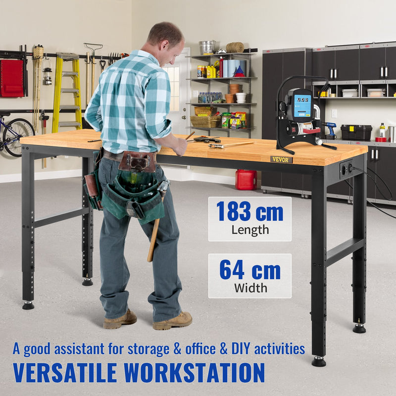 VEVOR darba galds ar regulējamu augstumu, 183x64x97 cm, izturība 900 kg, ar strāvas kontaktligzdām, cieto koka virsmu, metāla rāmi un riteņiem, piemērots birojam un mājai