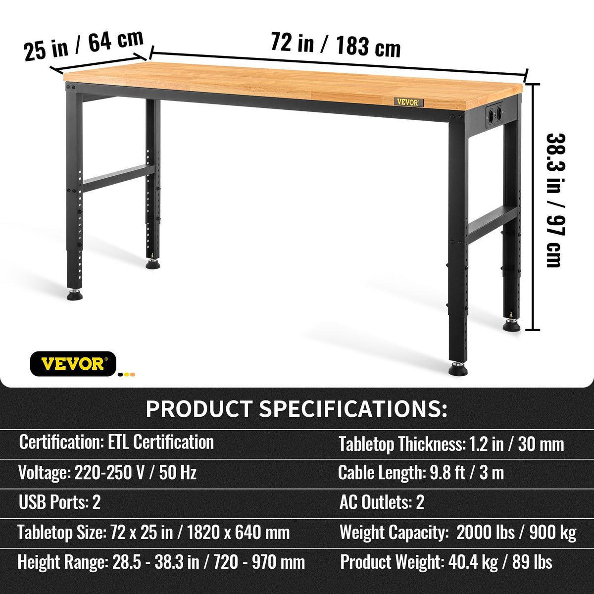 VEVOR Height-Adjustable Work Table, 1830 × 640 mm, Height 720–970 mm, 900 kg Load Capacity, with Power Outlets, Solid Wood Top, Metal Frame and Foot Pads, Suitable for Office, Home and Workshop