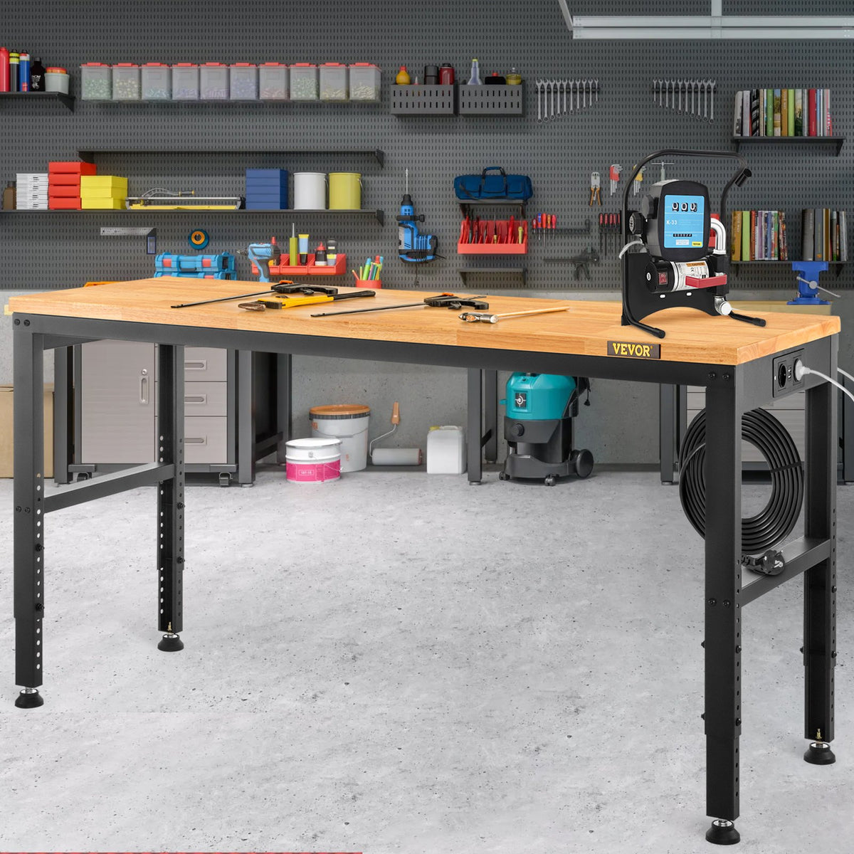 VEVOR Height-Adjustable Work Table, 1830 × 640 mm, Height 720–970 mm, 900 kg Load Capacity, with Power Outlets, Solid Wood Top, Metal Frame and Foot Pads, Suitable for Office, Home and Workshop