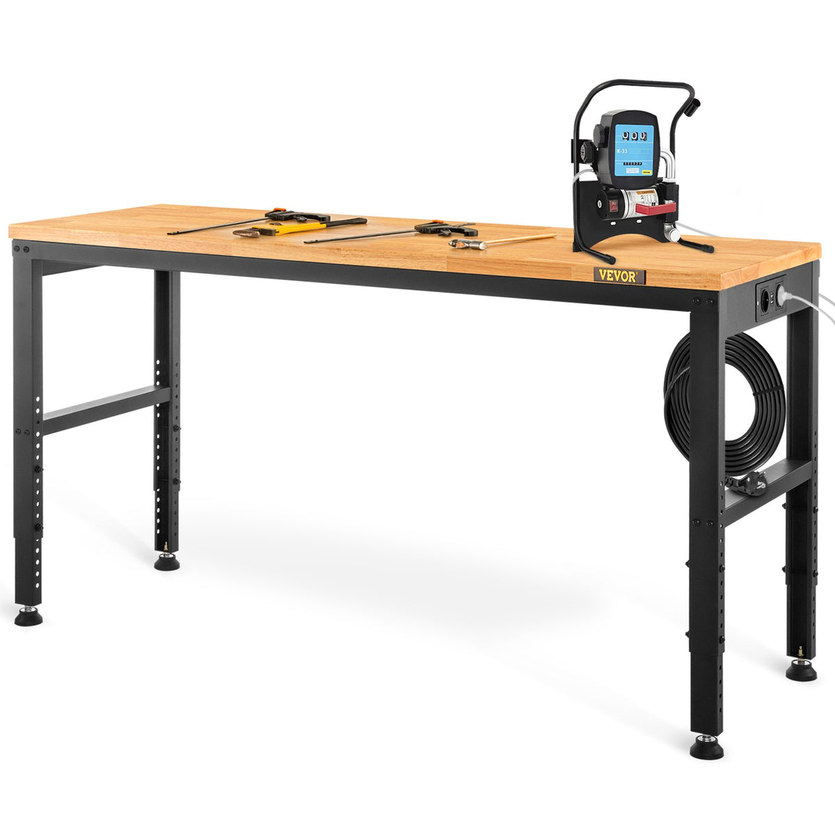 VEVOR Adjustable Height Work Table, 122x61x97 cm, 900 kg Load Capacity, with Power Outlets, Solid Wood Top, Metal Frame and Wheels, Suitable for Office and Home