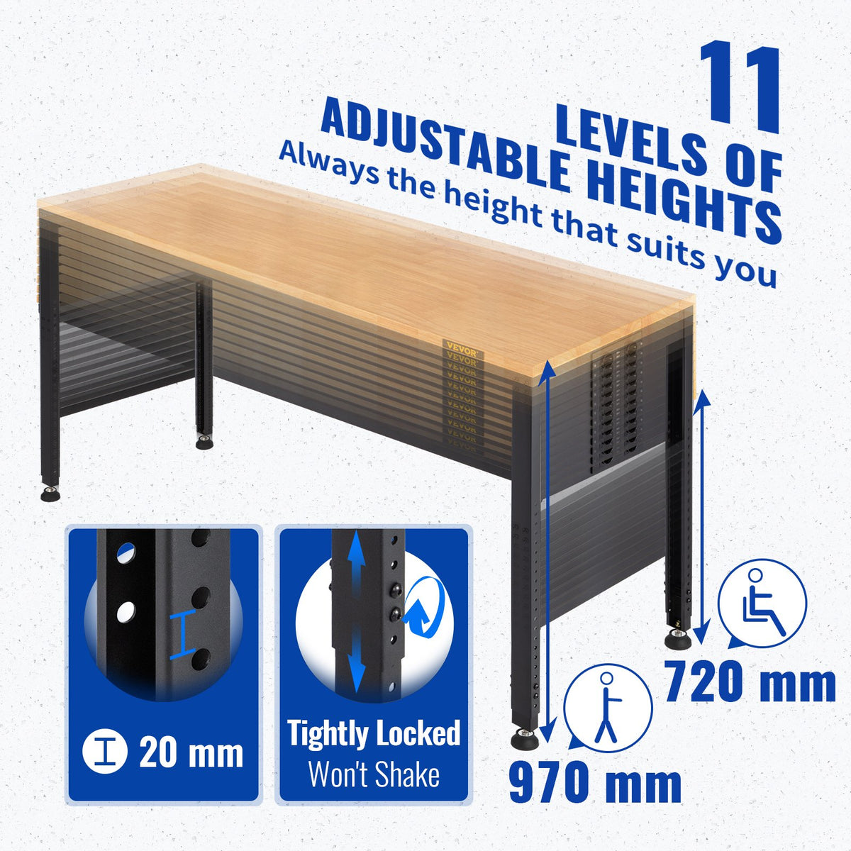 VEVOR Adjustable Height Work Table, 122x61x97 cm, 900 kg Load Capacity, with Power Outlets, Solid Wood Top, Metal Frame and Wheels, Suitable for Office and Home