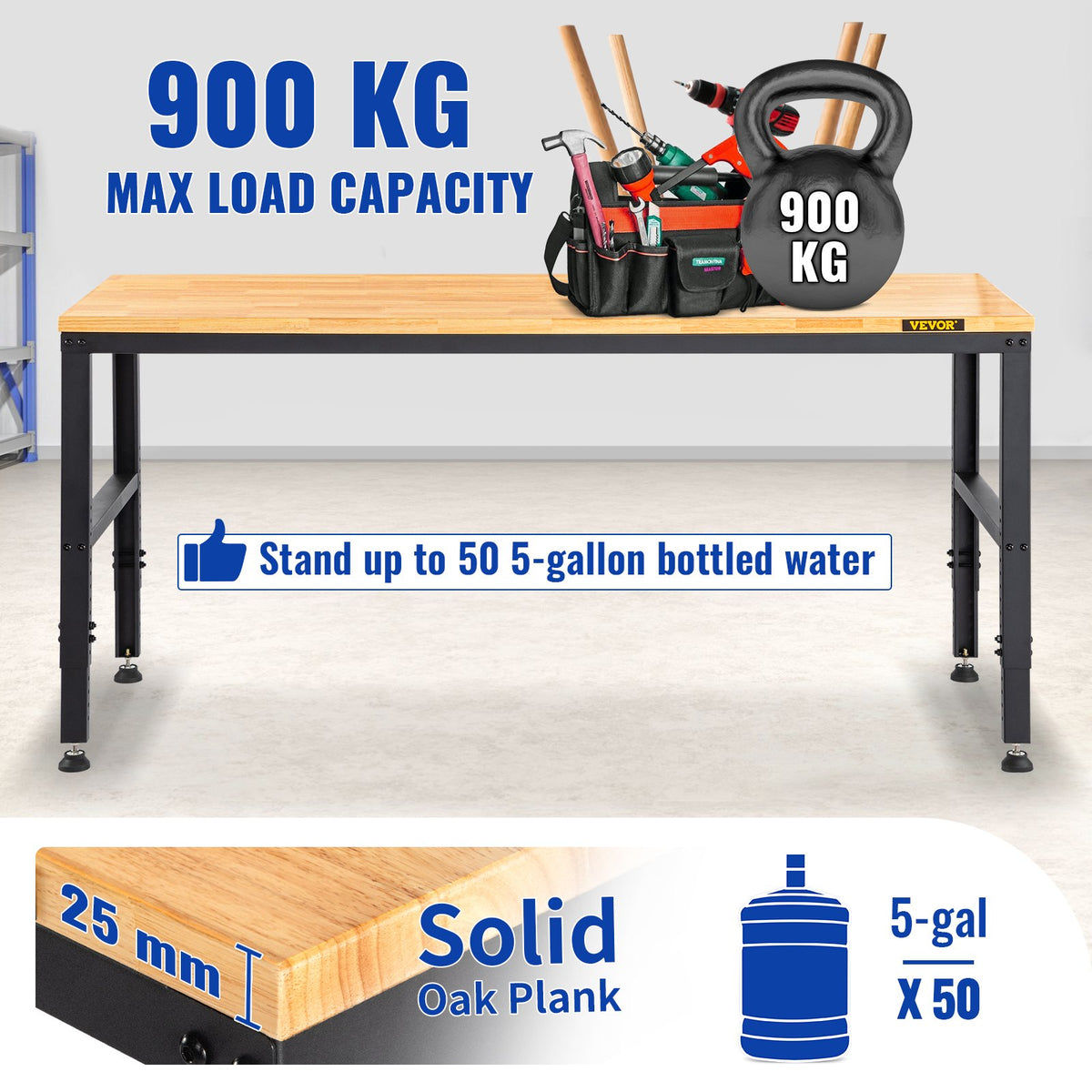 VEVOR Adjustable Height Work Table, 122x61x97 cm, 900 kg Load Capacity, with Power Outlets, Solid Wood Top, Metal Frame and Wheels, Suitable for Office and Home