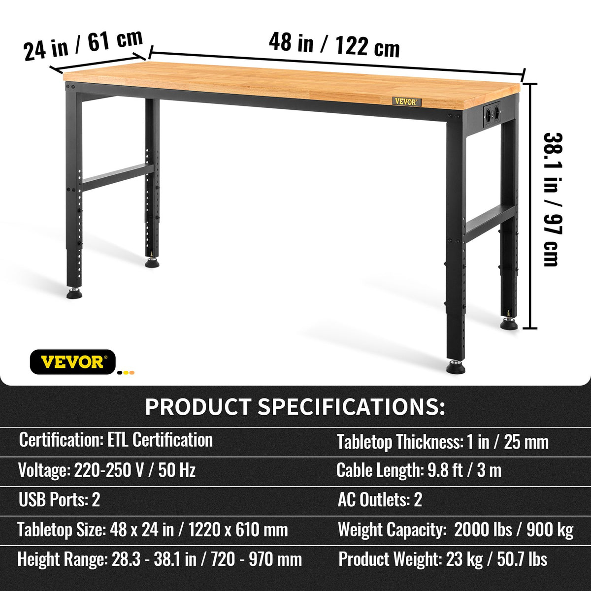 VEVOR Adjustable Height Work Table, 122x61x97 cm, 900 kg Load Capacity, with Power Outlets, Solid Wood Top, Metal Frame and Wheels, Suitable for Office and Home