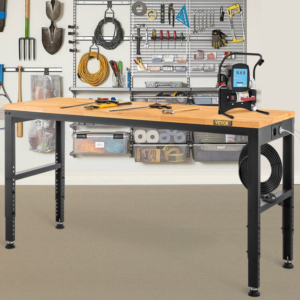 VEVOR Adjustable Height Work Table, 122x61x97 cm, 900 kg Load Capacity, with Power Outlets, Solid Wood Top, Metal Frame and Wheels, Suitable for Office and Home