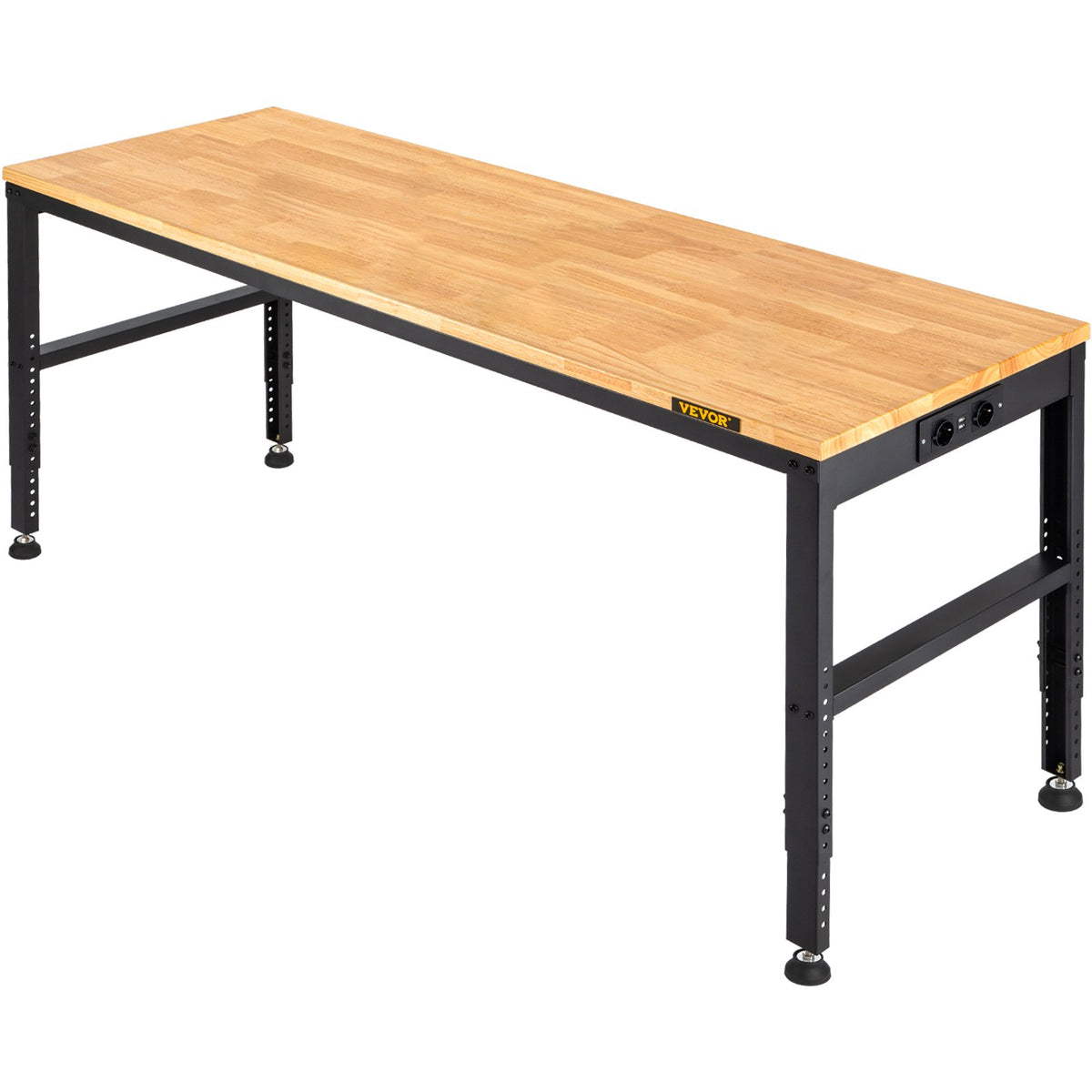 VEVOR Adjustable Height Work Table, 122x61x97 cm, 900 kg Load Capacity, with Power Outlets, Solid Wood Top, Metal Frame and Wheels, Suitable for Office and Home