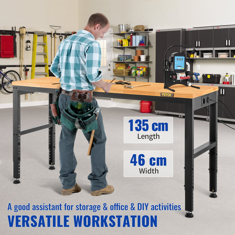 VEVOR darba galds ar regulējamu augstumu, 135x46x97 cm, izturība 900 kg, ar strāvas kontaktligzdām, cieto koka virsmu, metāla rāmi un riteņiem, piemērots birojam un mājai